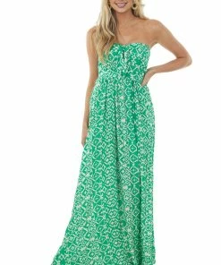 Aakaa Dresses Kelly Green Printed Strapless Tie Front Maxi Dress