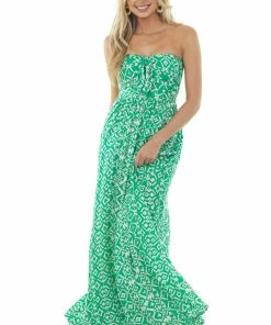 Aakaa Dresses Kelly Green Printed Strapless Tie Front Maxi Dress