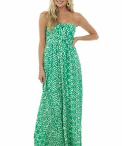 Aakaa Dresses Kelly Green Printed Strapless Tie Front Maxi Dress
