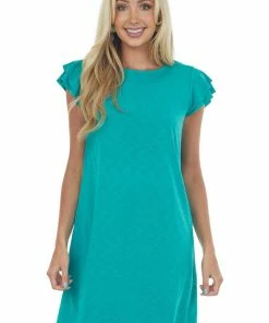 Ces Femme Kelly Green Ruffle Sleeve Crinkle Knit Dress