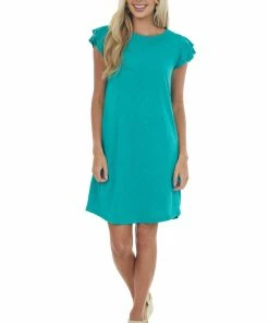 Ces Femme Kelly Green Ruffle Sleeve Crinkle Knit Dress