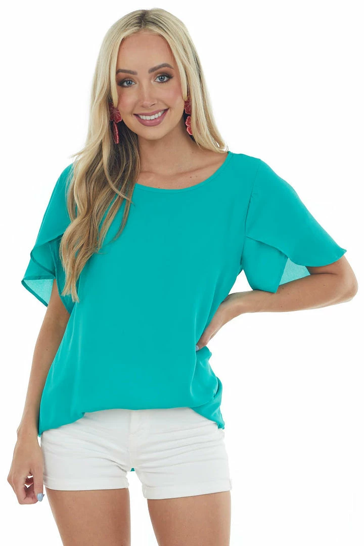 FSL APPAREL Tops Kelly Green Short Tulip Sleeve Woven Top 5 FSL APPAREL Tops Kelly Green Short Tulip Sleeve Woven Top