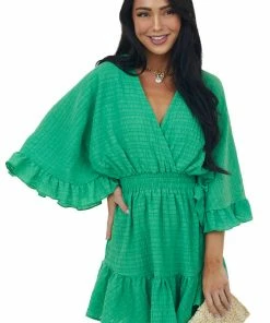Glam Kelly Green Surplice Kimono Sleeve Mini Dress Dresses