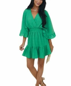 Glam Kelly Green Surplice Kimono Sleeve Mini Dress Dresses