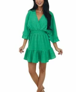 Glam Kelly Green Surplice Kimono Sleeve Mini Dress Dresses