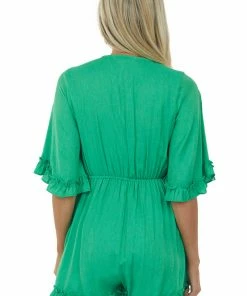 Vine & Love Dresses Kelly Green Tie Front Bell Sleeve Romper