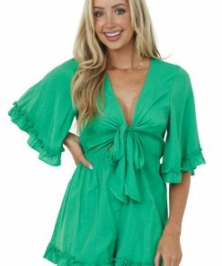 Vine & Love Dresses Kelly Green Tie Front Bell Sleeve Romper