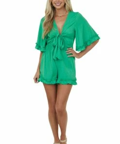 Vine & Love Dresses Kelly Green Tie Front Bell Sleeve Romper