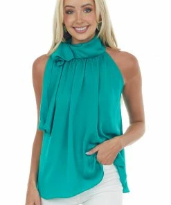 Glam Kelly Green Tie Neck Halter Silky Blouse Tops