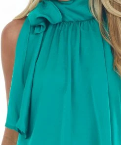 Glam Kelly Green Tie Neck Halter Silky Blouse Tops