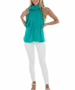 Glam Kelly Green Tie Neck Halter Silky Blouse Tops