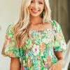Flying Tomato Kelly Green Floral Peplum Top With Bubble Sleeves