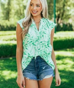 First Love Kelly Green Leaf Print Cap Sleeve Blouse