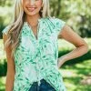 First Love Kelly Green Leaf Print Cap Sleeve Blouse