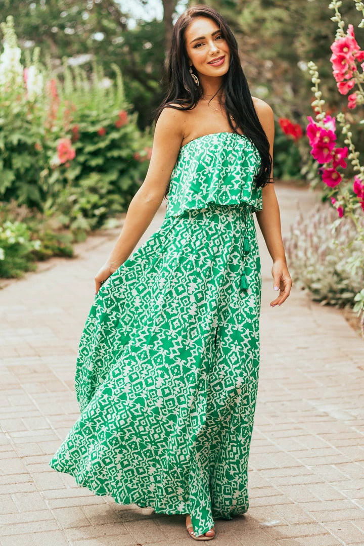 Aakaa Kelly Green Printed Strapless Overlay Detail Dress Dresses 3 Aakaa Kelly Green Printed Strapless Overlay Detail Dress Dresses