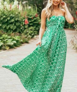 Aakaa Dresses Kelly Green Printed Strapless Tie Front Maxi Dress
