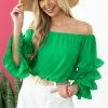 Vine & Love Tops Kelly Green Off Shoulder Ruffle Sleeve Blouse