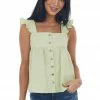 Very J Tops Key Lime Button Up Square Neck Ruffle Tank Top