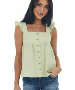 Very J Tops Key Lime Button Up Square Neck Ruffle Tank Top