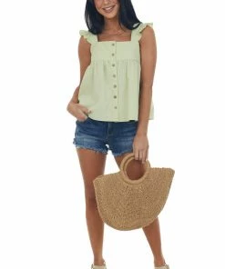 Very J Tops Key Lime Button Up Square Neck Ruffle Tank Top