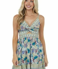 ANGIE Key Lime Printed Sleeveless Tiered Short Dress Dresses