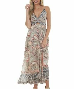 ANGIE Khaki Floral Maxi Dress With Aztec Border Dresses