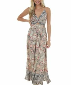 ANGIE Khaki Floral Maxi Dress With Aztec Border Dresses