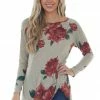 HEIMISH Khaki Floral Print Long Sleeve Front Twist Top