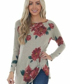 HEIMISH Khaki Floral Print Long Sleeve Front Twist Top