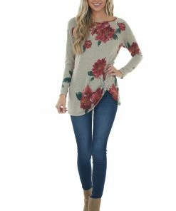 HEIMISH Khaki Floral Print Long Sleeve Front Twist Top