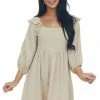 Umgee Dresses Latte 3/4 Bubble Sleeve Smocked Gauze Dress