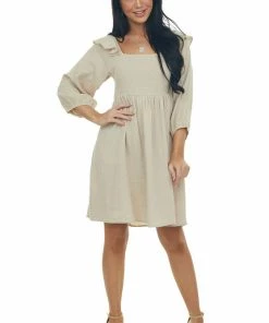 Umgee Dresses Latte 3/4 Bubble Sleeve Smocked Gauze Dress