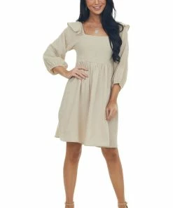 Umgee Dresses Latte 3/4 Bubble Sleeve Smocked Gauze Dress