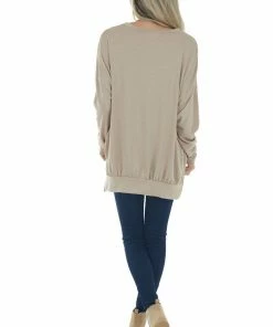 Fantastic Fawn Latte Banded Hemline French Terry Knit Top Tops