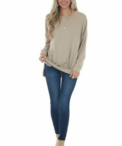 Fantastic Fawn Latte Banded Hemline French Terry Knit Top Tops