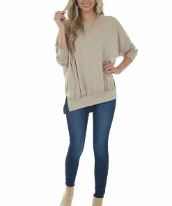 Fantastic Fawn Latte Banded Hemline French Terry Knit Top Tops