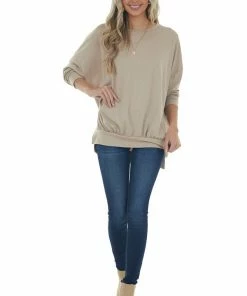 Fantastic Fawn Latte Banded Hemline French Terry Knit Top Tops