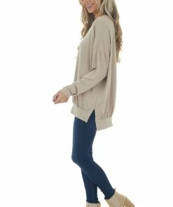 Fantastic Fawn Latte Banded Hemline French Terry Knit Top Tops