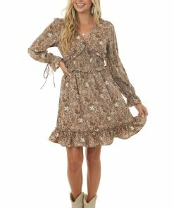 Hailey & Co Latte Floral Triangle Smocked Waist Mini Dress Dresses
