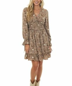 Hailey & Co Latte Floral Triangle Smocked Waist Mini Dress Dresses
