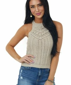 Kori America Latte Halter Neck Sweater Knit Tank Top Tops