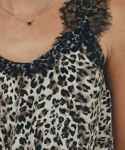 Davi & Dani Latte Leopard Print Eyelash Lace Cami Tank Top Tops