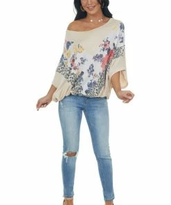 143 Story Tops Latte Multiprint Chevron Colorblock Dolman Sleeve Knit Top