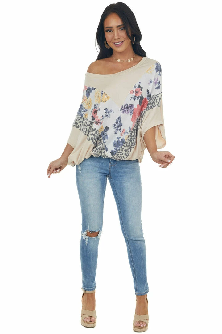 143 Story Tops Latte Multiprint Chevron Colorblock Dolman Sleeve Knit Top