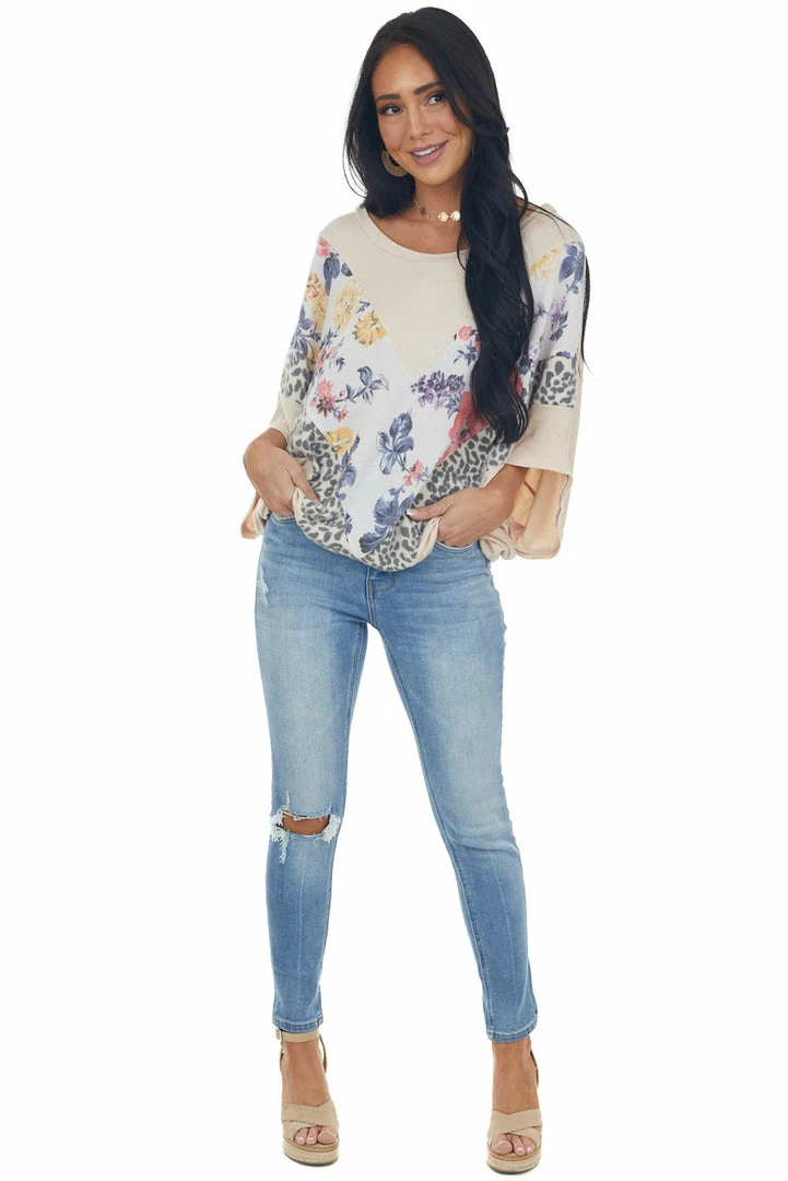 143 Story Tops Latte Multiprint Chevron Colorblock Dolman Sleeve Knit Top