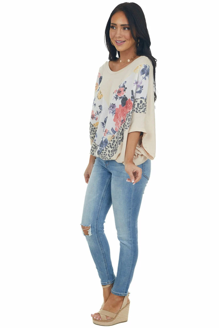 143 Story Tops Latte Multiprint Chevron Colorblock Dolman Sleeve Knit Top