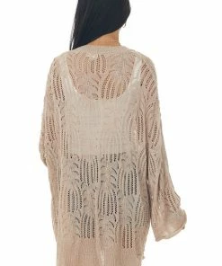 POL Clothing Tops Latte Open Crochet High Low Button Up Cardigan