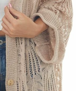 POL Clothing Tops Latte Open Crochet High Low Button Up Cardigan