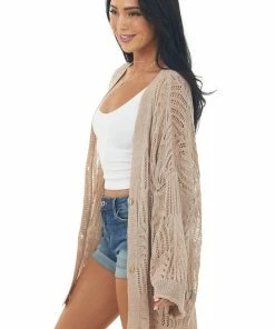 POL Clothing Tops Latte Open Crochet High Low Button Up Cardigan