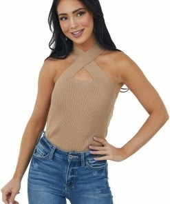 Vine & Love Latte Ribbed Knit Criss Cross Halter Tank Top Tops